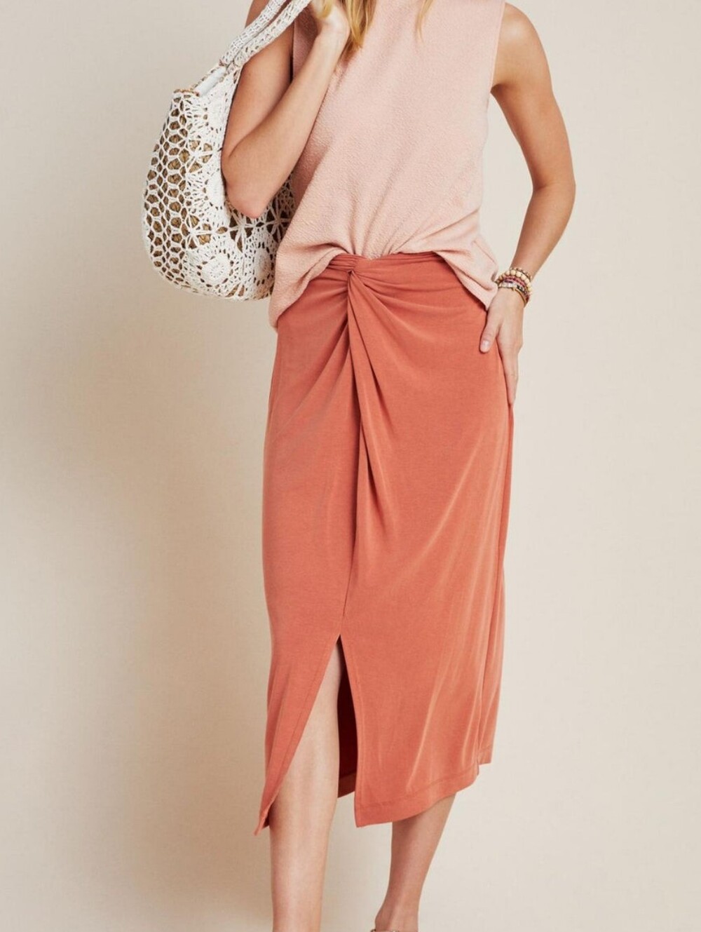 $146 Anthropologie Terra Cotta Twist Front Junie Midi Skirt